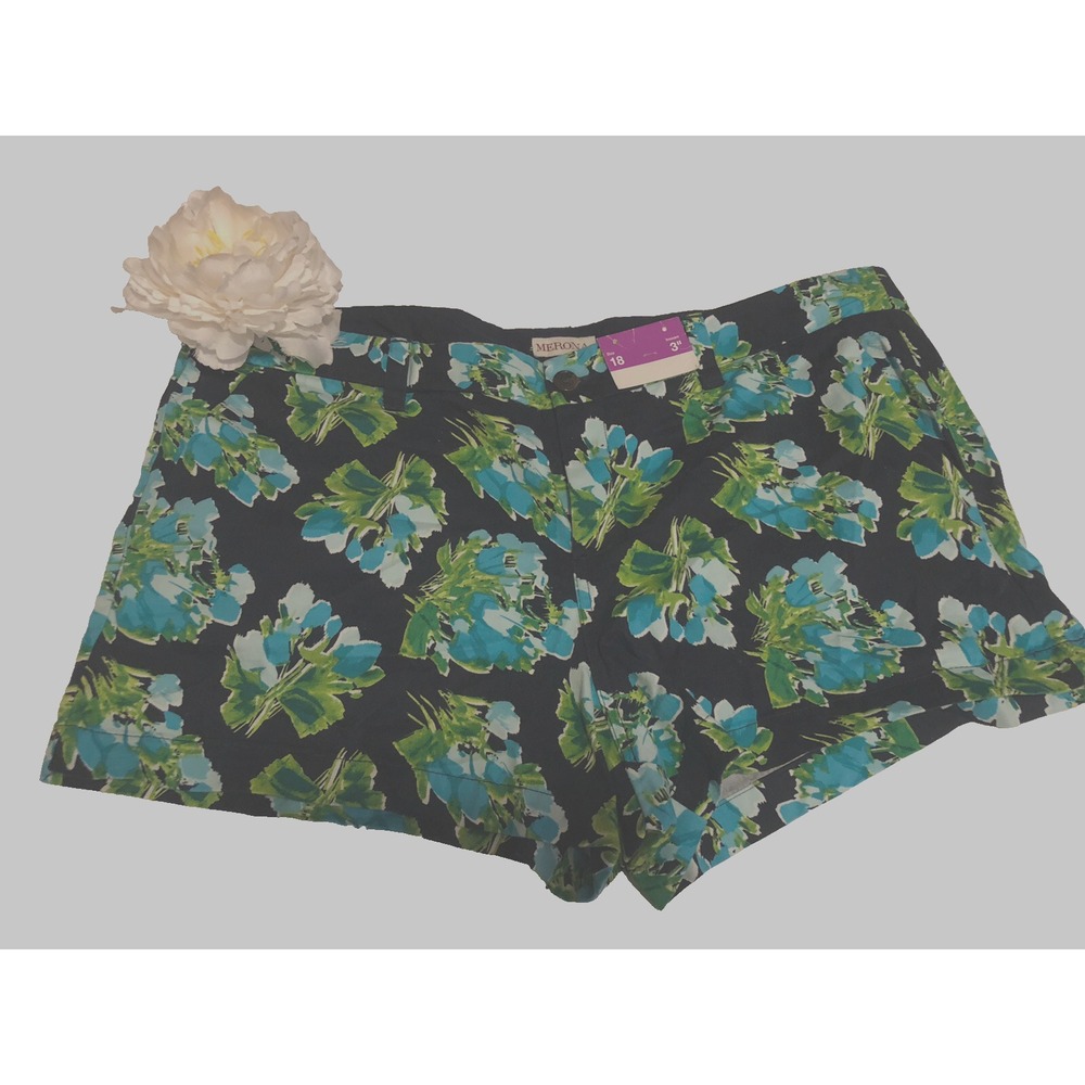 Merona -  Women's - NEW - Size 18 - Navy Teal Black Floral Cotton Chino Shorts